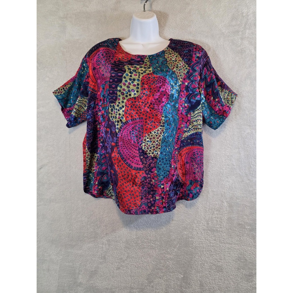 EUC Risa Ann Blouse Womens Plus 2X Vintage Multicolor Geometric Colorful Retro